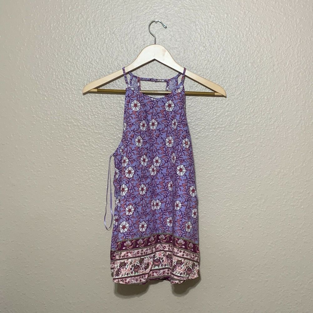 AQUA Purple Floral Boho Halter‎ Top Keyhole Back Sleeveless Blouse XS